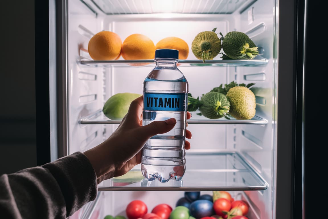  A hand holding a bottle of Vitamin Water in front of an open refrigerator filled with various fruits and vegetables.