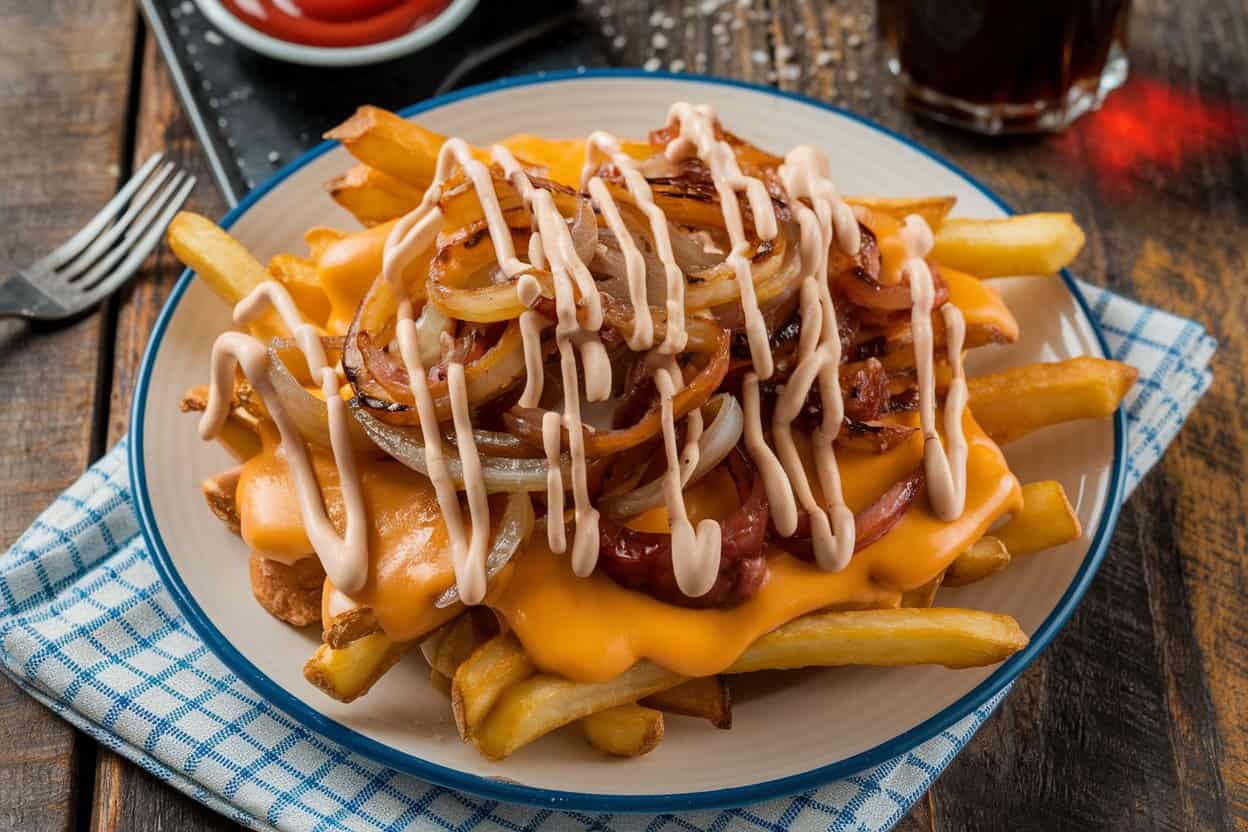 Animal Style Fries Animal Style Fries Topped With Melted Cheese, Grilled Onions, And Thousand Island Dressing.