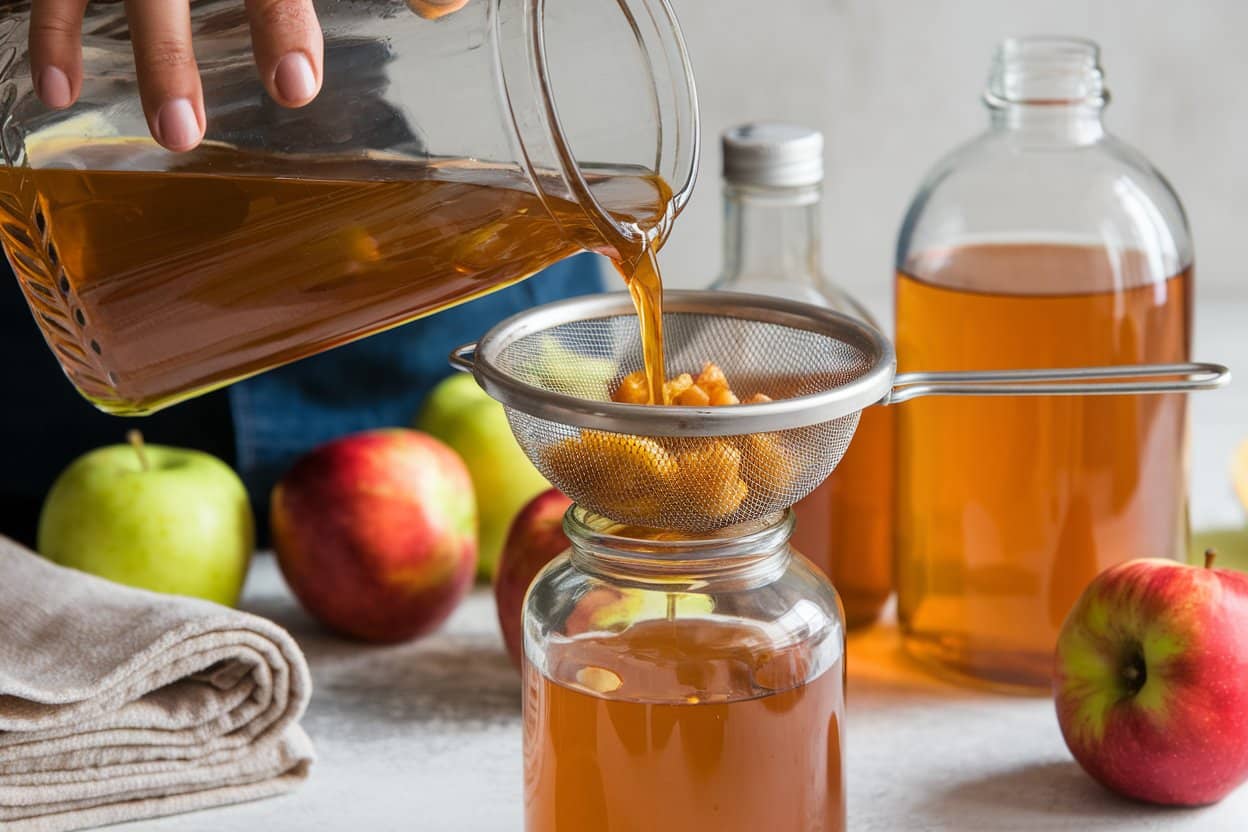 A Person Pouring Apple Cider Vinegar From A Large Jar Through A Strainer Into A Smaller Jar, Filtering Out Apple Solids. Fresh Apples And Jars Of Vinegar Are Placed On The Table In The Background.