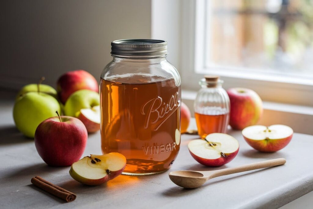 Apple Cider Vinegar Recipe A Jar Of Apple Cider Vinegar Placed On A Table With Fresh Apples, A Wooden Spoon, And A Cinnamon Stick. The Vinegar Is In A Clear Jar With The Word &Quot;Vinegar&Quot; Engraved On It, And A Smaller Bottle Of The Liquid Sits In The Background Near A Window.