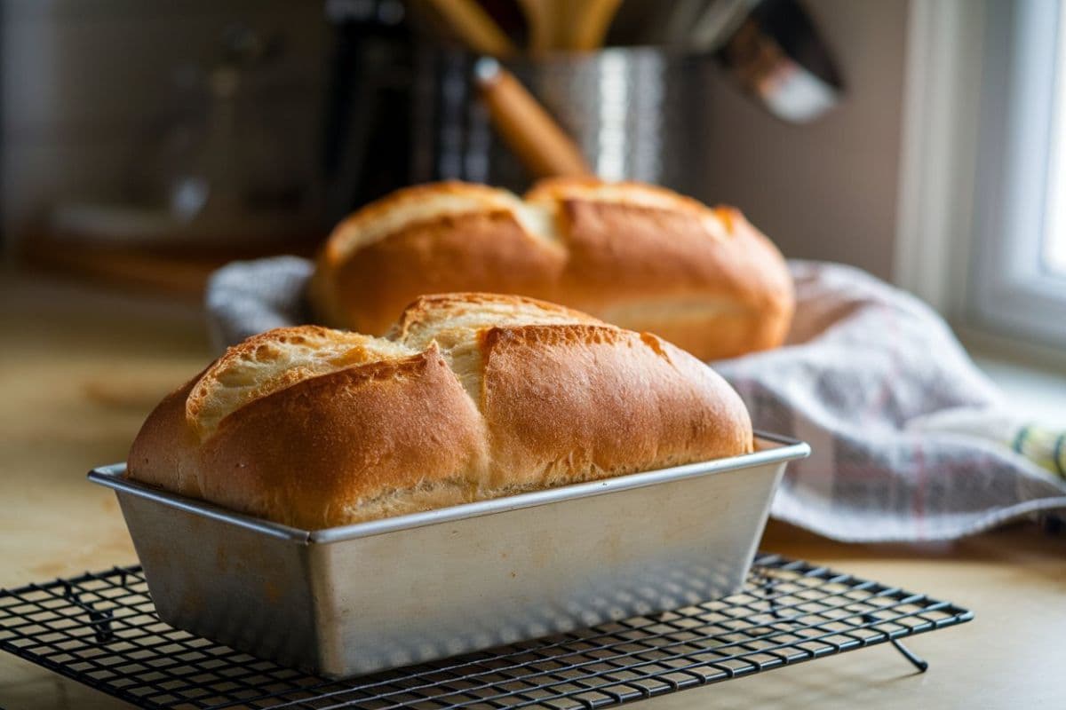 Freshly Baked Loaves Of Bread In A Metal Loaf Pan Cooling On A Wire Rack In A Cozy Kitchen.