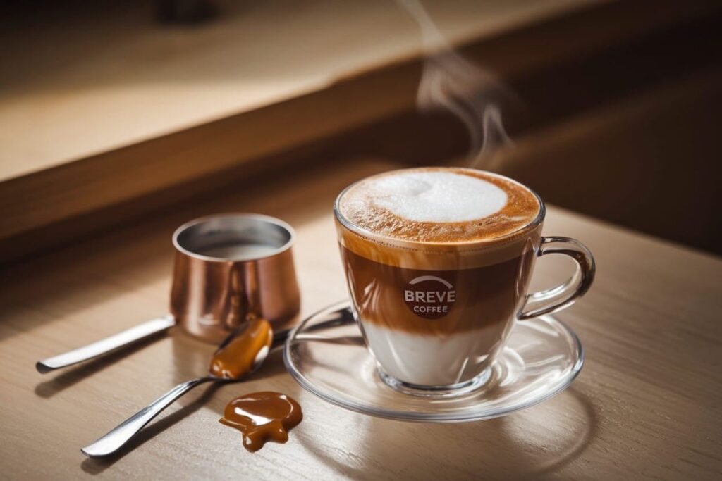 Breve Coffee A glass cup of breve coffee with a creamy foam top, sitting on a clear saucer. Beside the cup, there is a small copper pot of milk and a spoon with caramel sauce. The background is softly blurred, suggesting a cozy café atmosphere.