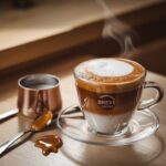 Breve Coffee A glass cup of breve coffee with a creamy foam top, sitting on a clear saucer. Beside the cup, there is a small copper pot of milk and a spoon with caramel sauce. The background is softly blurred, suggesting a cozy café atmosphere.