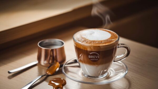 Breve Coffee A Glass Cup Of Breve Coffee With A Creamy Foam Top, Sitting On A Clear Saucer. Beside The Cup, There Is A Small Copper Pot Of Milk And A Spoon With Caramel Sauce. The Background Is Softly Blurred, Suggesting A Cozy Café Atmosphere.