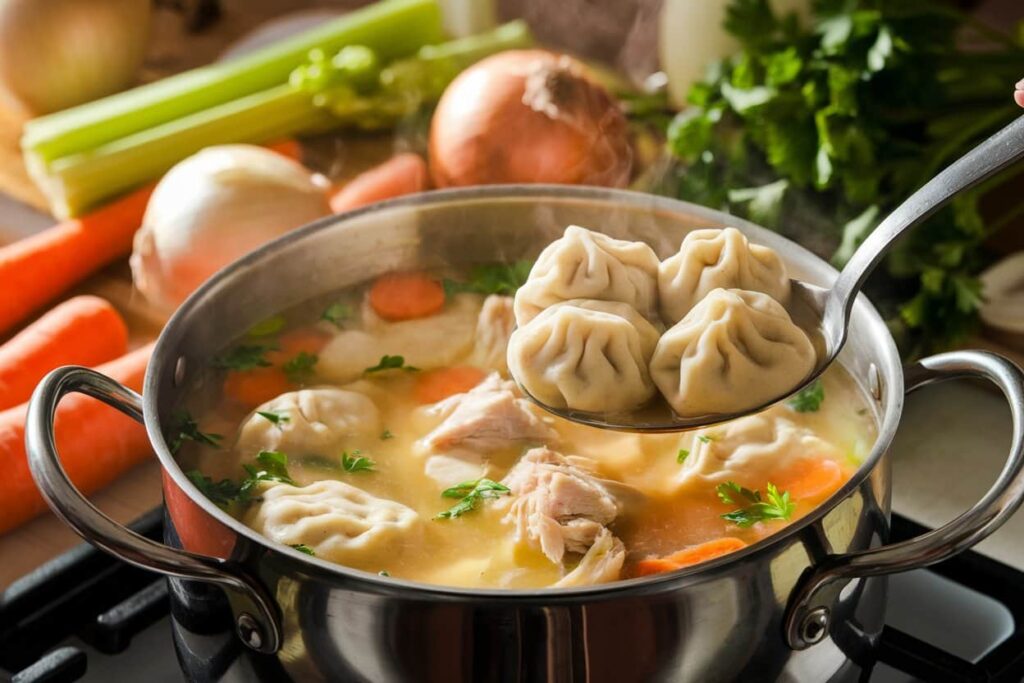 Chicken Dumpling Soup A Pot Of Homemade Chicken Dumpling Soup On The Stove, Filled With Tender Chicken Pieces, Sliced Carrots, And Fluffy Dumplings. A Ladle Is Lifting Three Perfectly Cooked Dumplings From The Soup, With Fresh Ingredients Like Celery, Onions, And Parsley Visible In The Background.