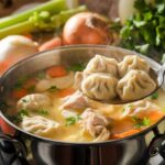 Chicken Dumpling Soup A Pot Of Homemade Chicken Dumpling Soup On The Stove, Filled With Tender Chicken Pieces, Sliced Carrots, And Fluffy Dumplings. A Ladle Is Lifting Three Perfectly Cooked Dumplings From The Soup, With Fresh Ingredients Like Celery, Onions, And Parsley Visible In The Background.