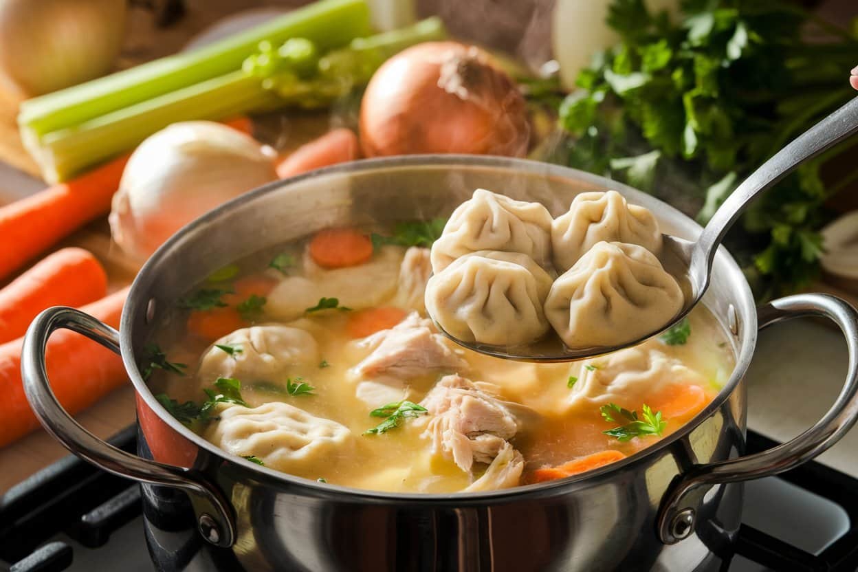 Chicken Dumpling Soup A pot of homemade chicken dumpling soup on the stove, filled with tender chicken pieces, sliced carrots, and fluffy dumplings. A ladle is lifting three perfectly cooked dumplings from the soup, with fresh ingredients like celery, onions, and parsley visible in the background.