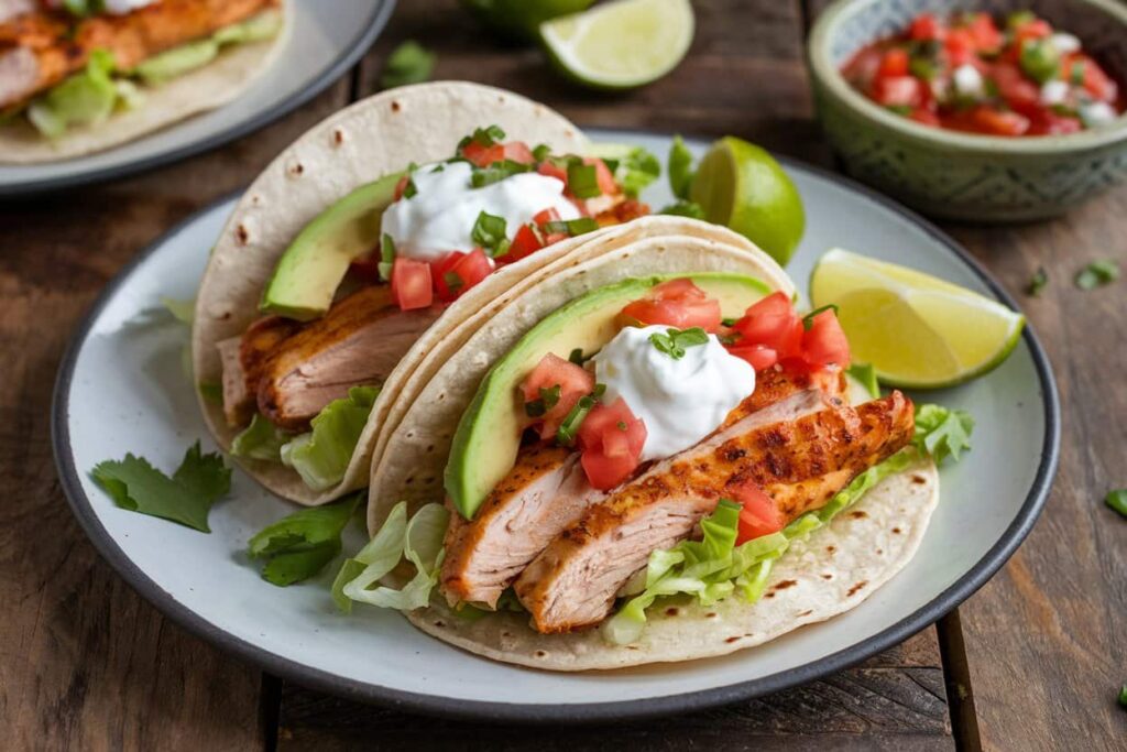 Chicken Taco Recipe A Close-Up Of Two Chicken Tacos Served On A Plate, Topped With Sliced Avocado, Diced Tomatoes, Sour Cream, And Garnished With Lime Wedges On The Side.