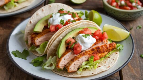 Chicken Taco Recipe A Close-Up Of Two Chicken Tacos Served On A Plate, Topped With Sliced Avocado, Diced Tomatoes, Sour Cream, And Garnished With Lime Wedges On The Side.