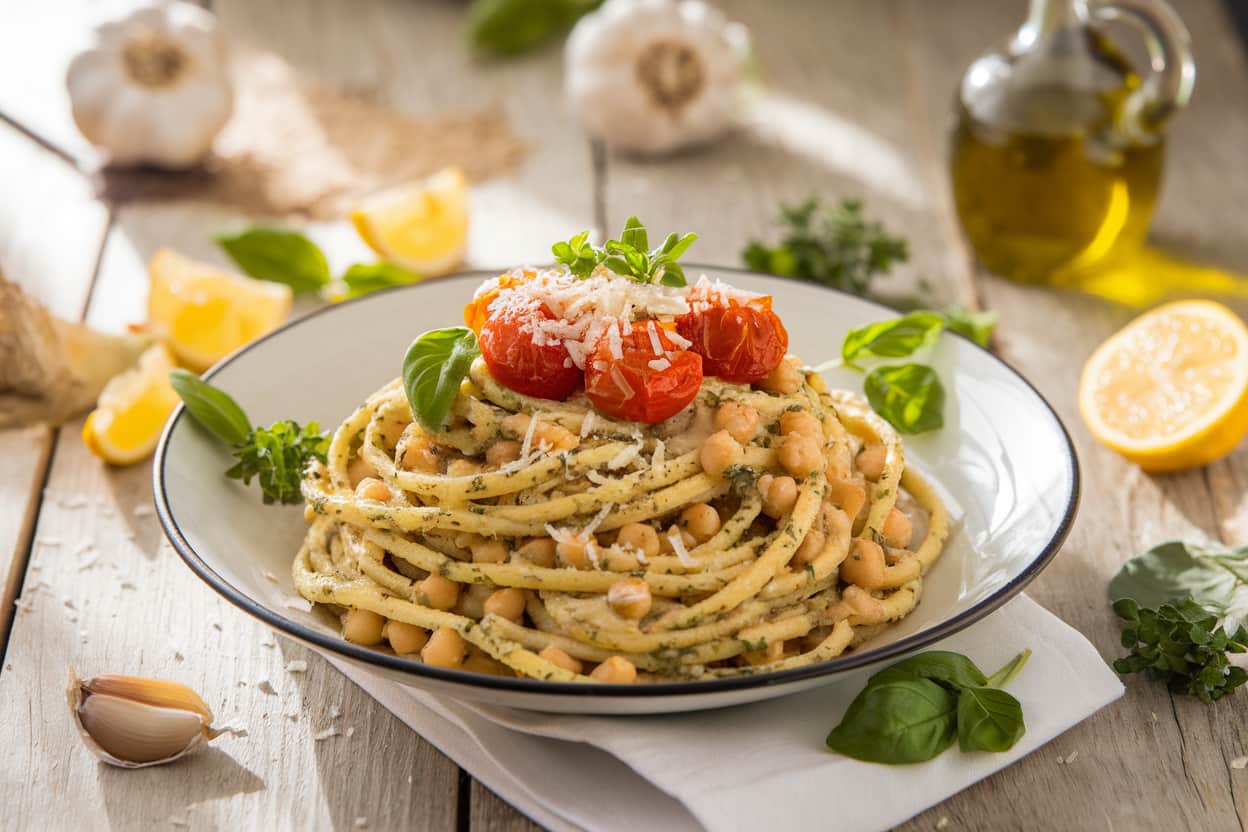 Chickpea Pasta A plate of spaghetti topped with roasted cherry tomatoes, chickpeas, and grated cheese, garnished with fresh basil, sitting on a rustic wooden table alongside lemon wedges, garlic, and olive oil.