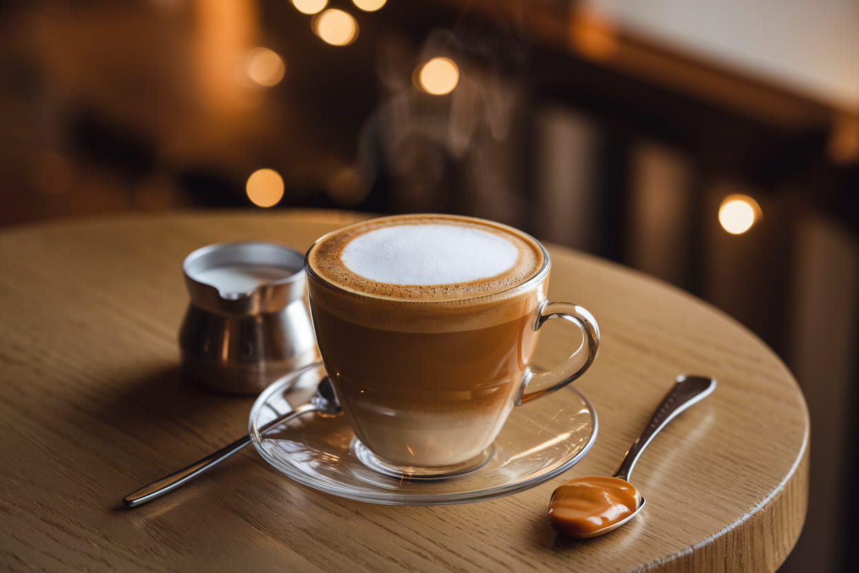 A glass cup of breve coffee with a rich, foamy top sits on a wooden table. Next to it is a metal spoon with a dollop of caramel sauce, and a small stainless steel jug. The background is softly lit with warm bokeh lights, giving a cozy and inviting ambiance.