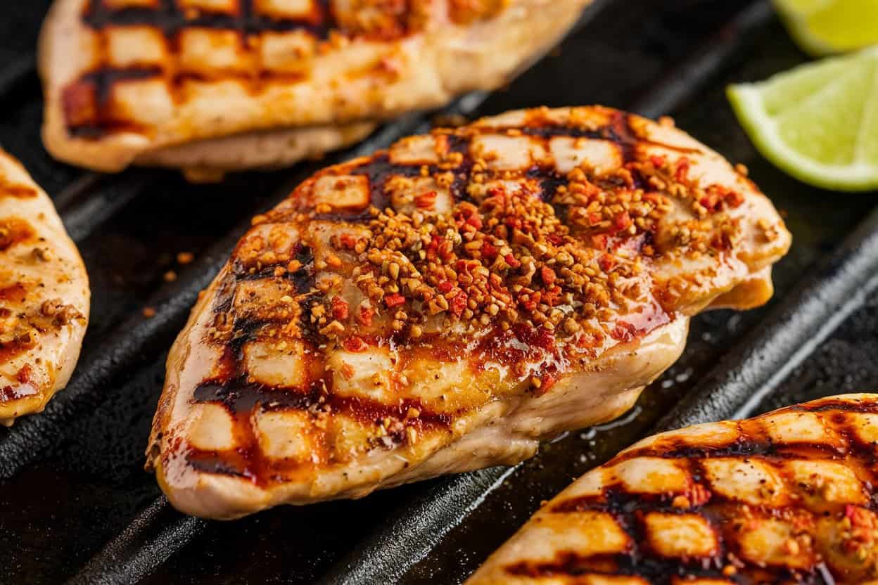 Grilled Chicken Breasts On A Grill Pan, Seasoned With Spices And Showing Prominent Grill Marks.