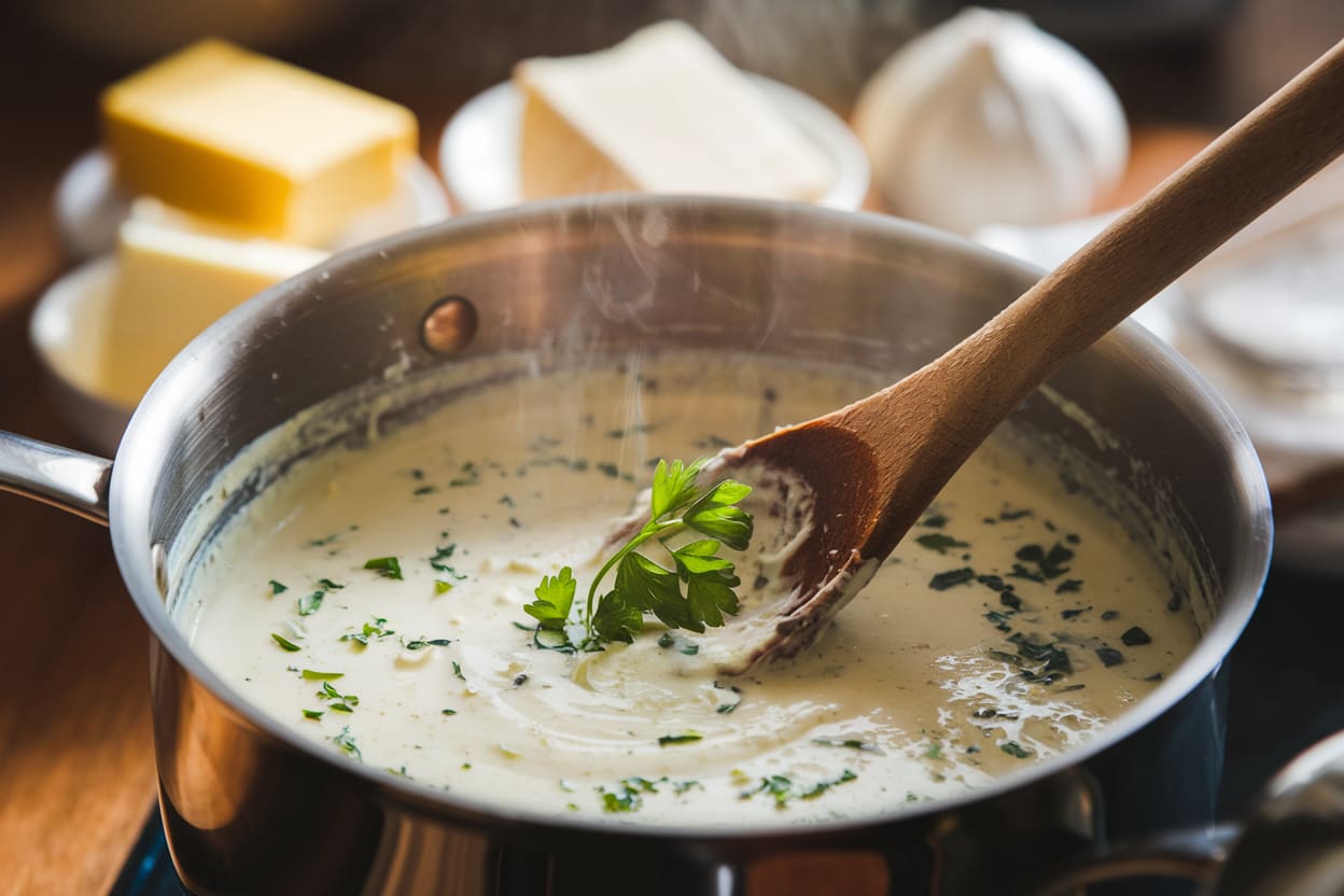 A saucepan filled with creamy garlic sauce, garnished with fresh herbs, being stirred with a wooden spoon. Steam rises from the hot mixture, indicating it's freshly cooked.