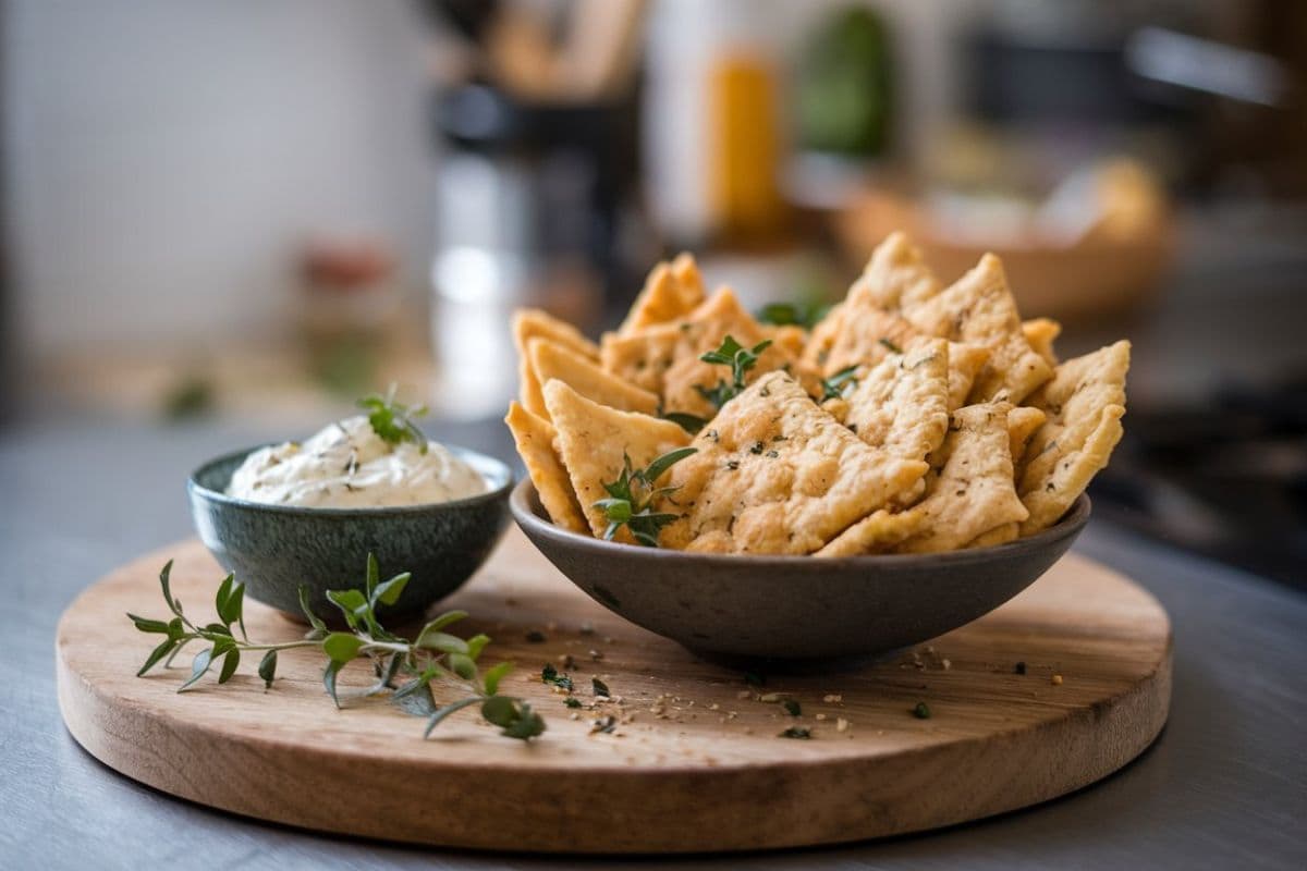 A Bowl Of Crispy Sourdough Discard Crackers Garnished With Fresh Herbs, Served Alongside A Bowl Of Creamy Dip, Placed On A Wooden Board.