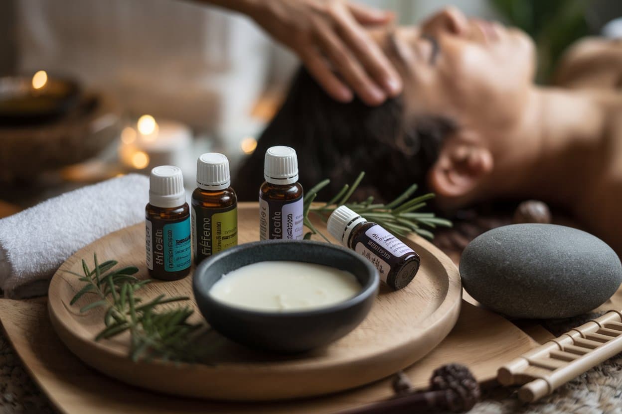 A person lying down while receiving a head massage, surrounded by essential oils, cream, and natural herbs in a calming spa setting.