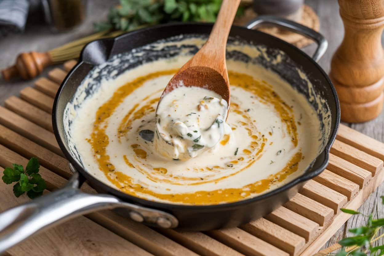 A skillet filled with creamy sauce being stirred by a wooden spoon, with swirls of golden oil or butter on top. The sauce appears rich and smooth with visible herbs mixed in.