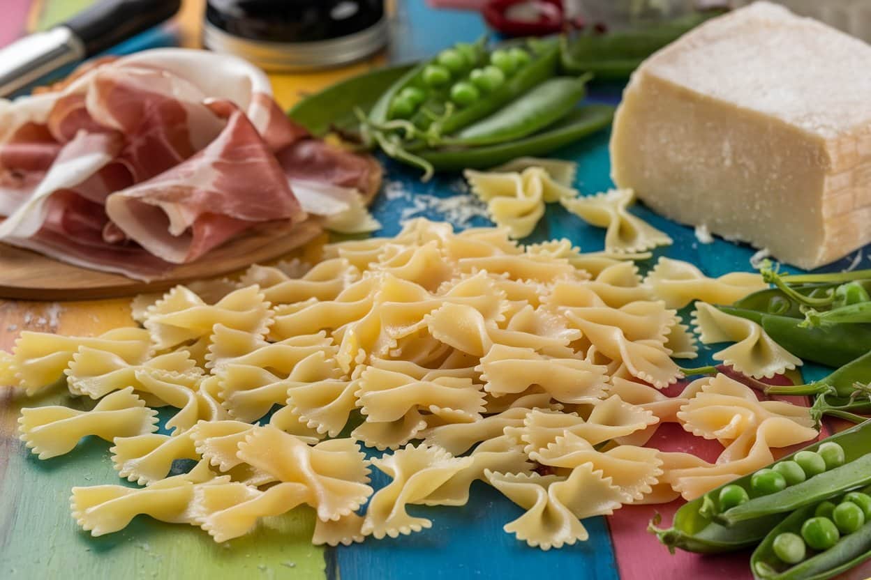 A close-up of uncooked farfalle (bowtie) pasta arranged on a colorful wooden surface. Surrounding the pasta are ingredients like fresh green peas, slices of prosciutto, and a block of Parmesan cheese.