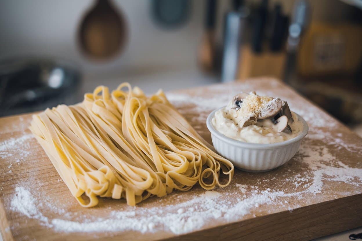 A portion of uncooked fettuccine pasta rests on a wooden cutting board, dusted with flour. Next to it is a small bowl of creamy mushroom sauce topped with grated cheese.