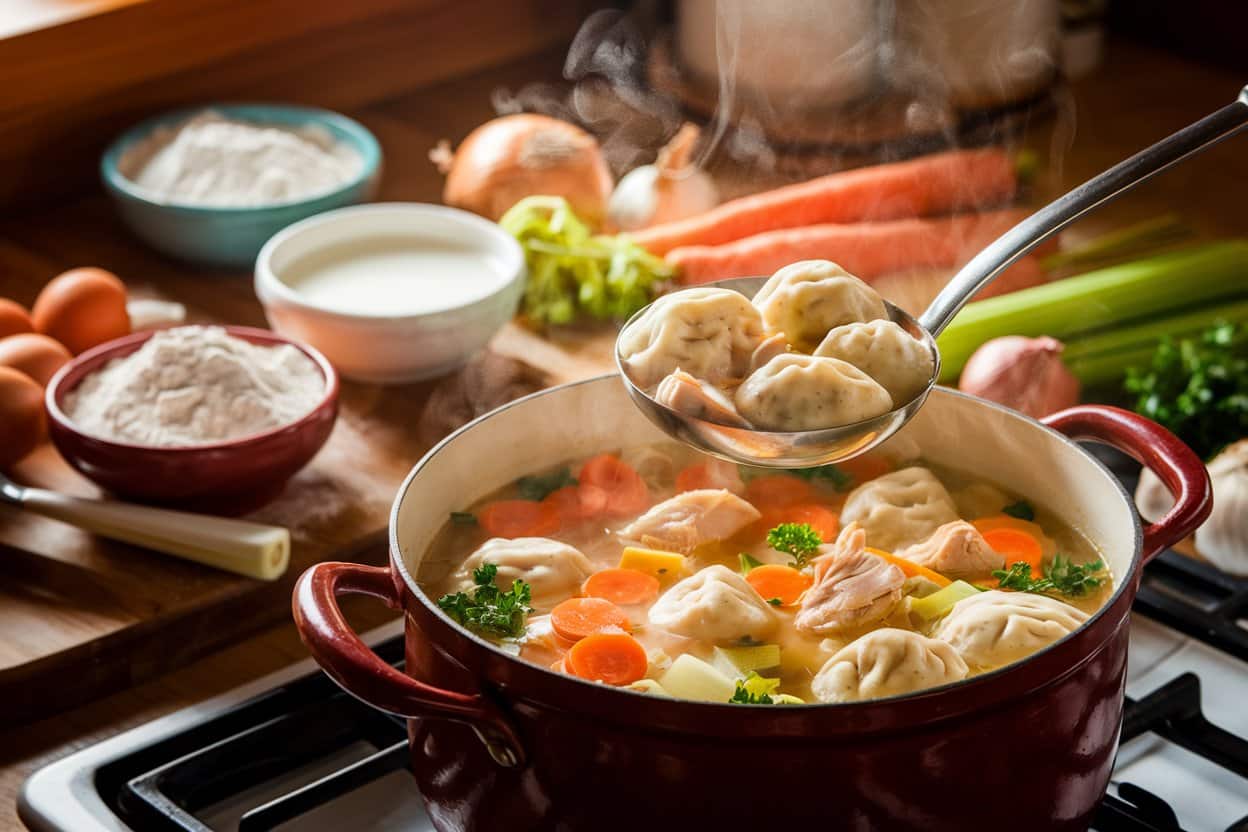 A steaming pot of soup with vegetables and dumplings being ladled. The soup includes sliced carrots, chunks of chicken, and parsley, with a ladle lifting dumplings from the broth. Ingredients like flour, eggs, and vegetables are scattered in the background on a wooden kitchen counter.