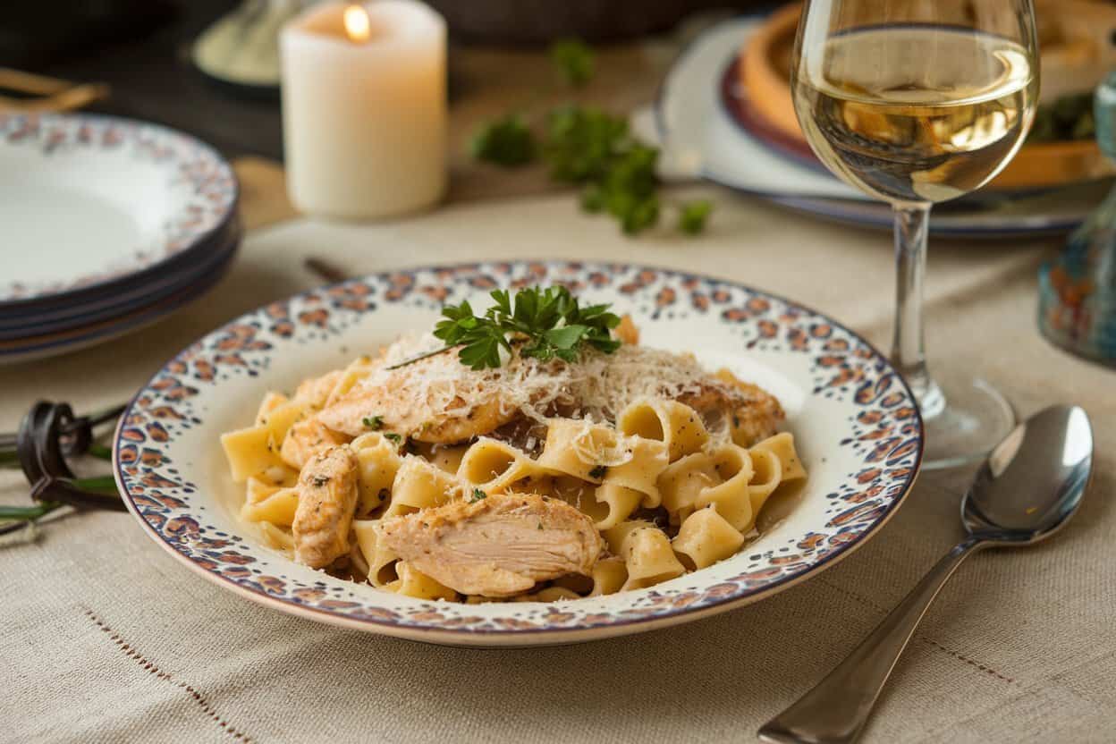 A plate of Tuscan chicken pasta topped with grated Parmesan and garnished with parsley, accompanied by a glass of white wine. The dish is served on a floral-patterned plate with a spoon on the side, set on a beige cloth with a candlelit ambiance.