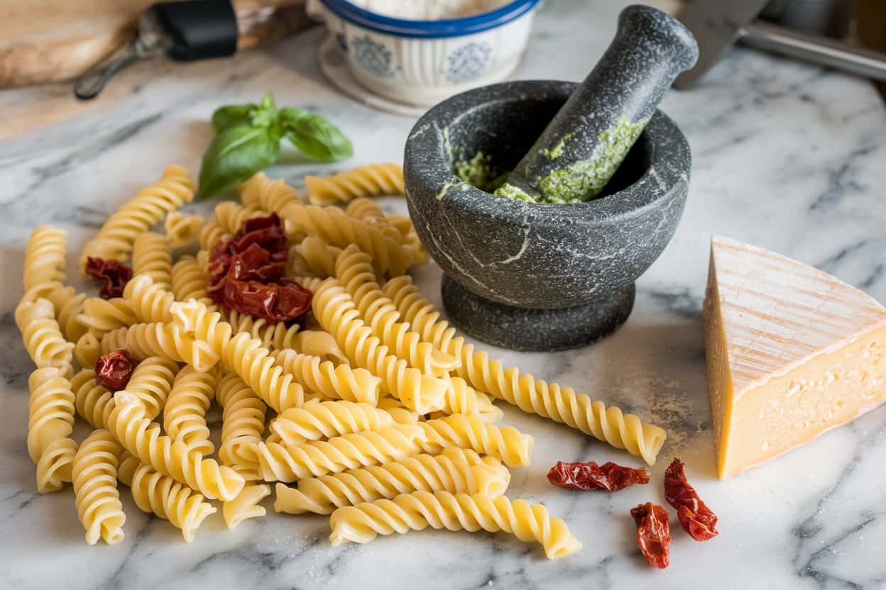 Dry fusilli pasta and sun-dried tomatoes are scattered on a marble surface, next to a wedge of hard cheese and a mortar and pestle containing green pesto.