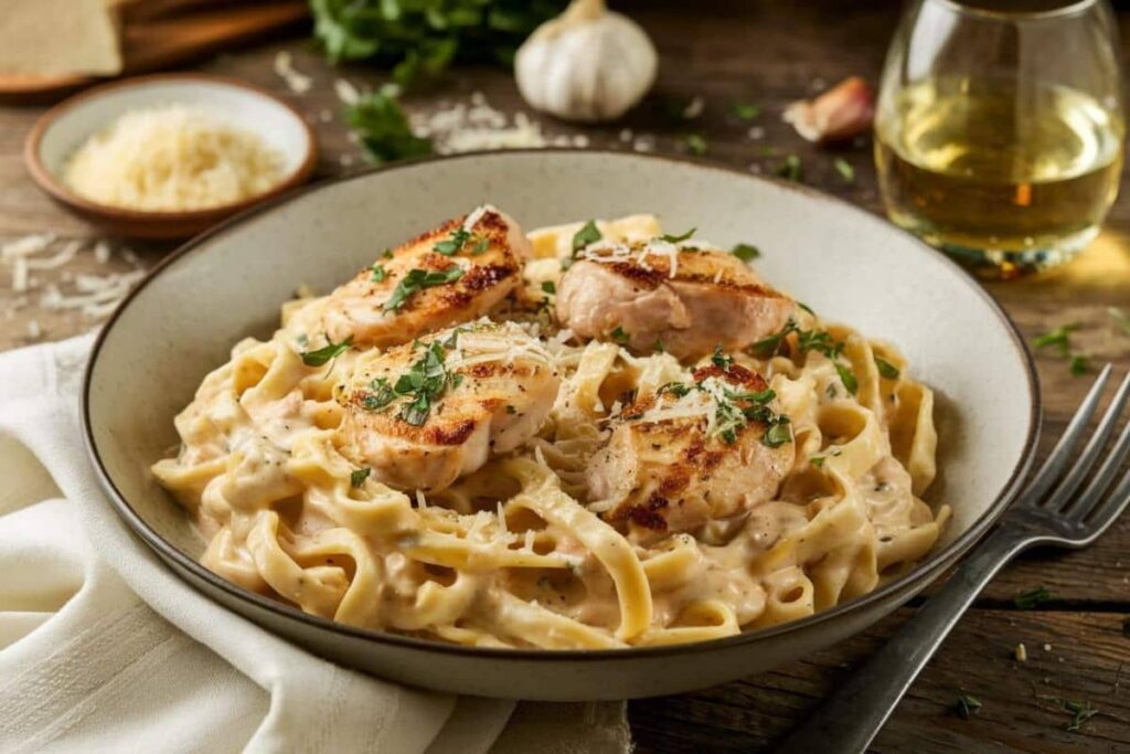 Garlic Parmesan Chicken Pasta A bowl of creamy garlic Parmesan chicken pasta topped with golden-brown seared chicken breasts and garnished with fresh parsley and grated Parmesan cheese.