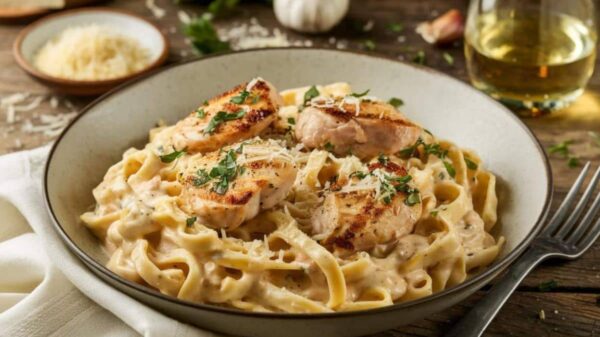 Garlic Parmesan Chicken Pasta A Bowl Of Creamy Garlic Parmesan Chicken Pasta Topped With Golden-Brown Seared Chicken Breasts And Garnished With Fresh Parsley And Grated Parmesan Cheese.