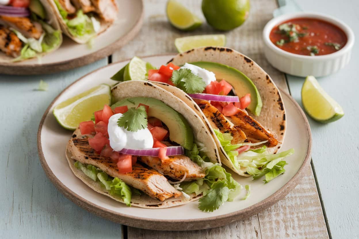 Two Grilled Chicken Tacos Served On A Plate With Avocado, Lettuce, Tomatoes, Red Onions, Cilantro, And A Dollop Of Sour Cream, With Lime Wedges And Salsa In The Background.