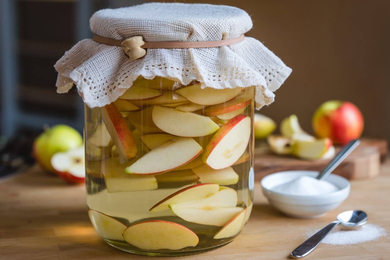 A Jar Filled With Apple Slices Soaking In Liquid, Covered With A Breathable Cloth Secured By A Band, Sitting On A Wooden Table. A Small Bowl Of Sugar And A Spoon Are Placed Nearby, With Fresh Apples In The Background.