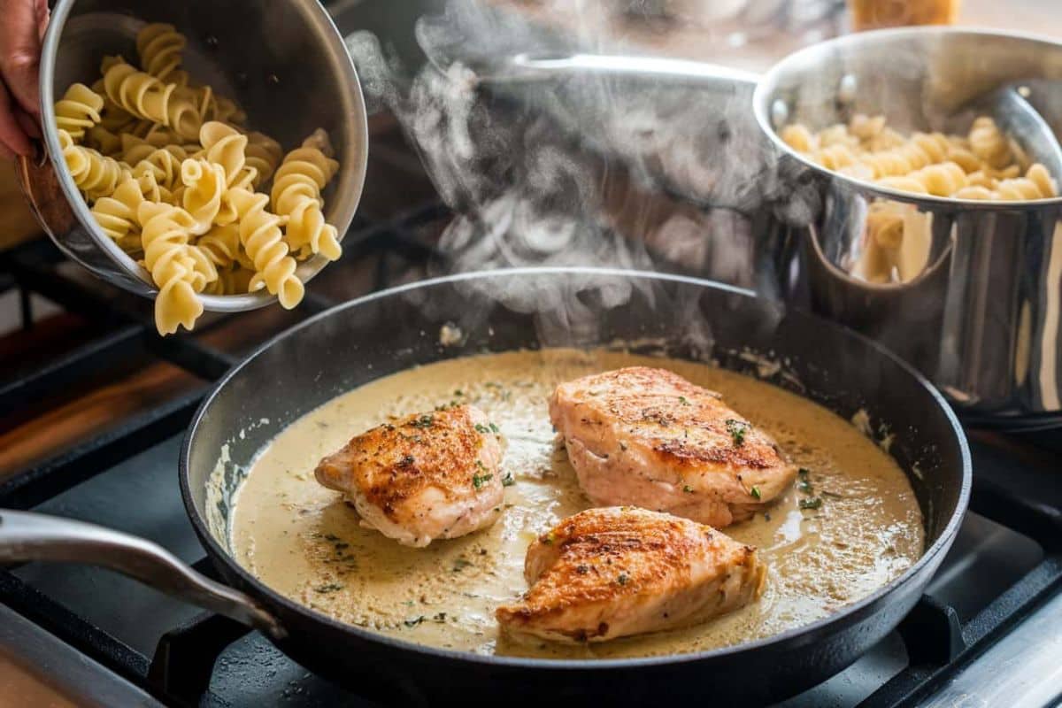  A close-up of a pan on the stove with three pieces of golden-brown chicken in a creamy garlic parmesan sauce. A hand is seen pouring rotini pasta into the pan, with steam rising from the dish. Another pot with more pasta is visible in the background.