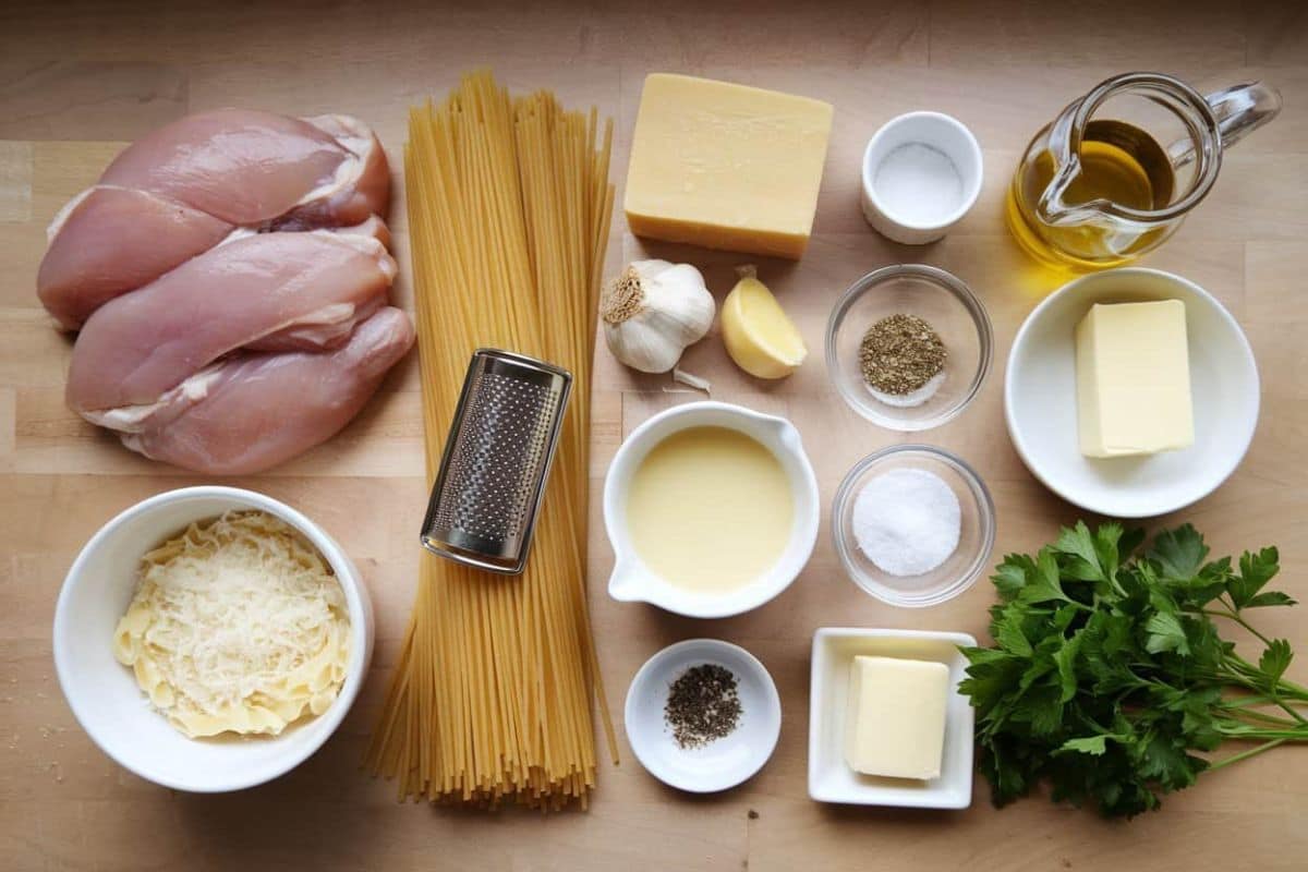 Ingredients for garlic Parmesan chicken pasta, including raw chicken breasts, uncooked pasta, Parmesan cheese, garlic, butter, olive oil, heavy cream, and fresh parsley, arranged neatly on a wooden countertop.