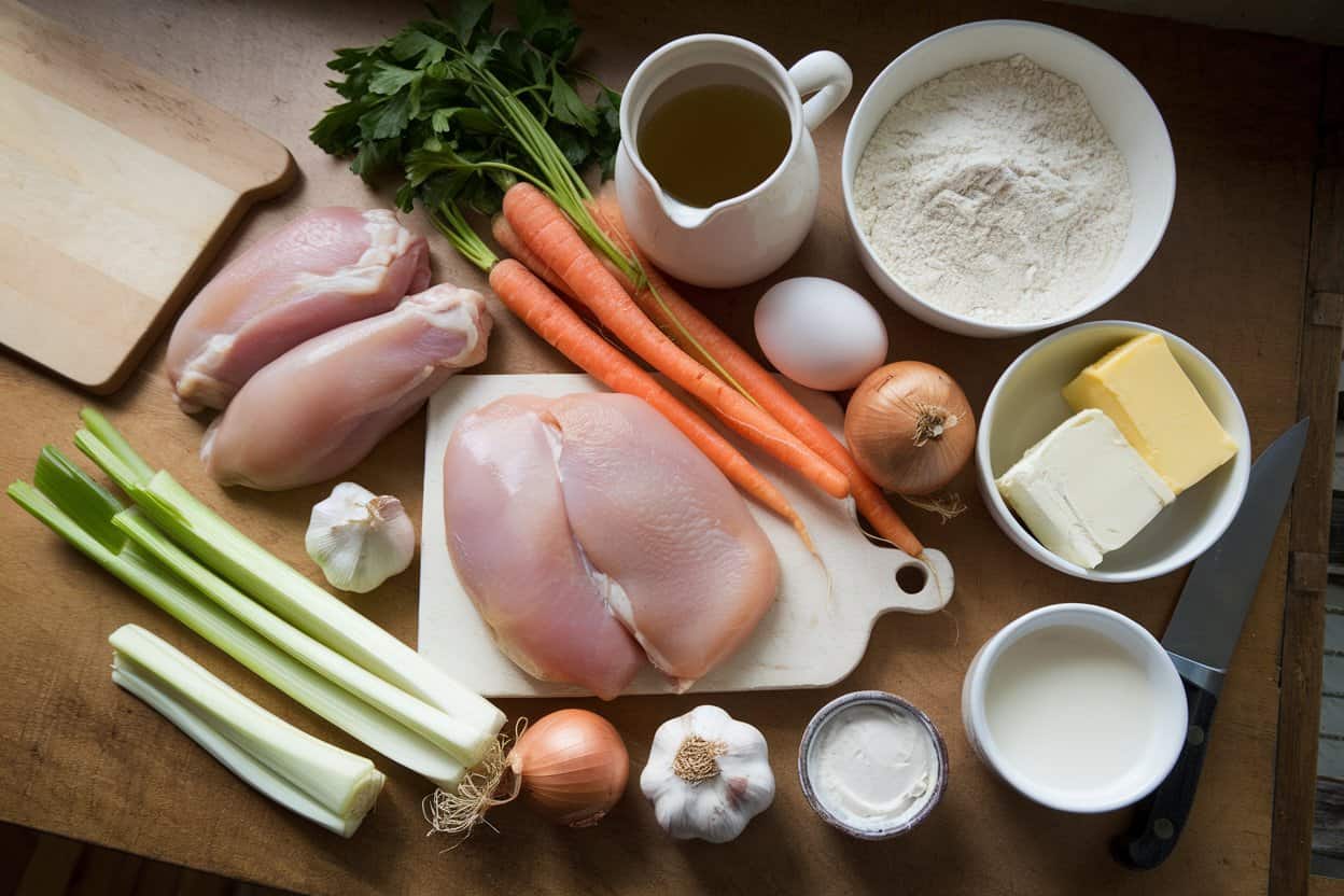 A variety of ingredients for homemade chicken dumpling soup are laid out on a wooden surface. The ingredients include raw chicken breasts, celery stalks, garlic bulbs, onions, carrots, parsley, butter, cream cheese, flour, an egg, a small jug of chicken broth, and a cup of milk. A knife is also present next to the vegetables.