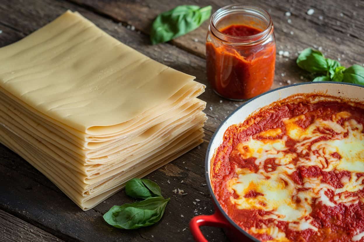 A stack of uncooked lasagna sheets sits next to a jar of tomato sauce and a pan of cooked lasagna with melted cheese on a wooden surface with fresh basil leaves scattered around.