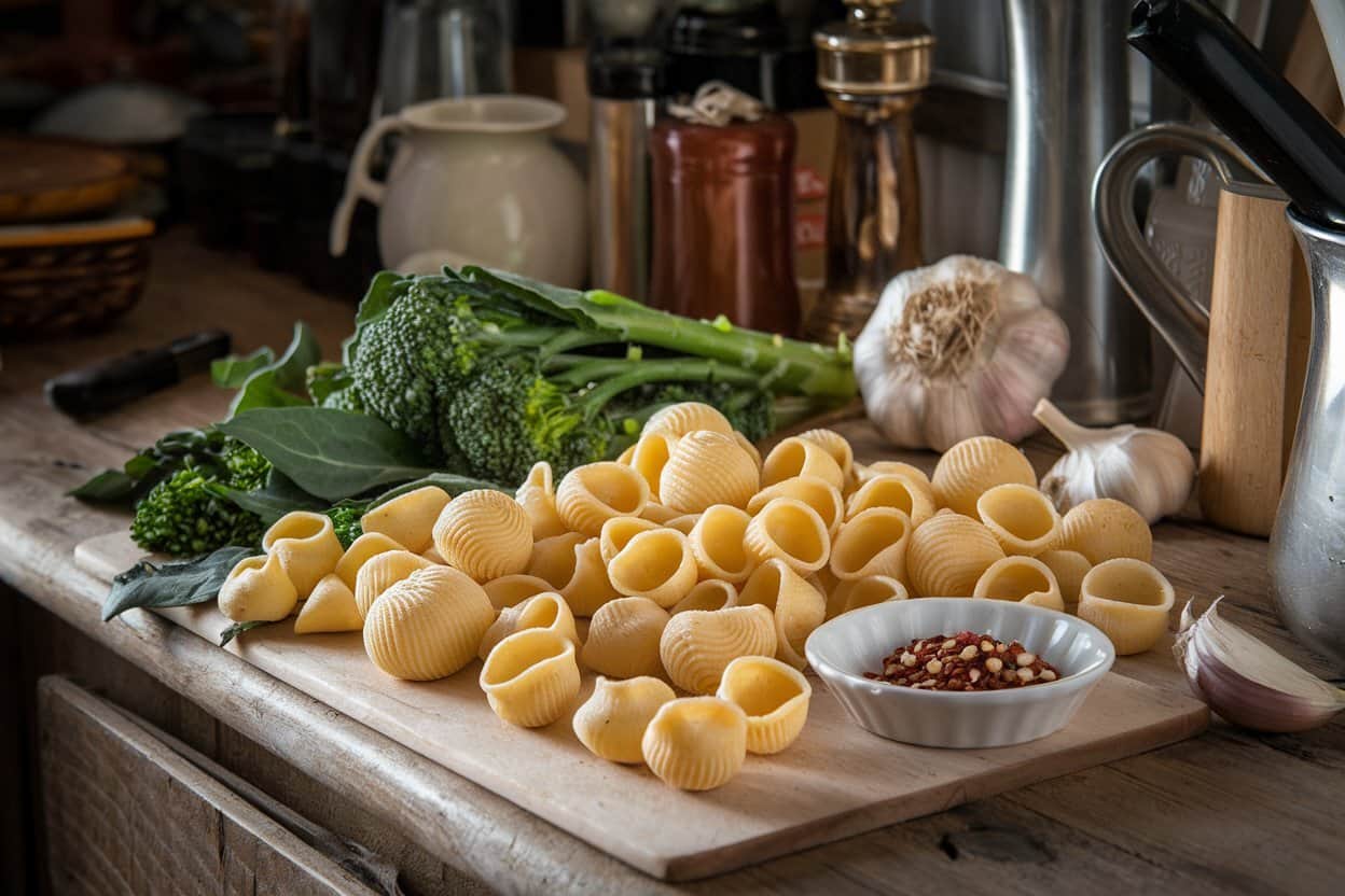 Uncooked orecchiette pasta is spread on a wooden cutting board next to fresh broccoli, garlic bulbs, and a small dish of red pepper flakes.