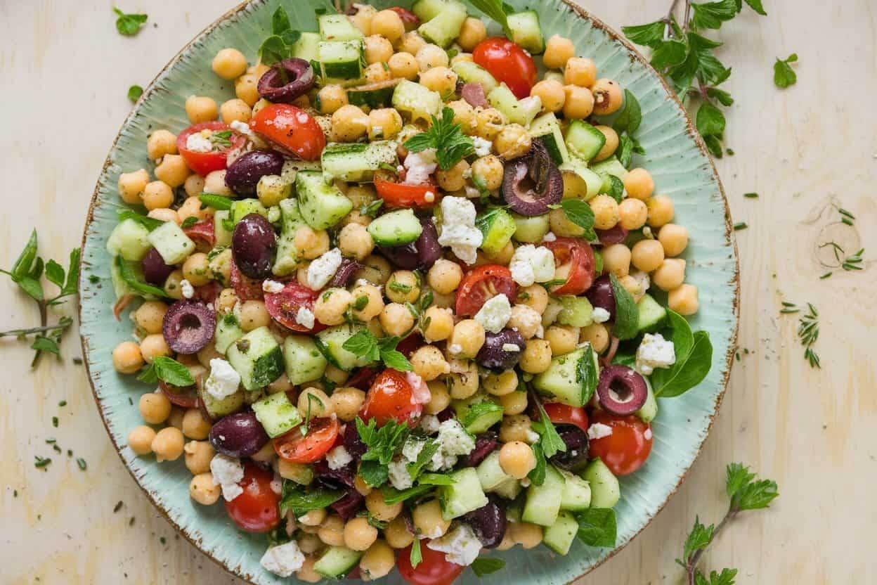 A vibrant Mediterranean salad featuring chickpeas, cucumbers, cherry tomatoes, kalamata olives, feta cheese, and fresh herbs in a light vinaigrette.