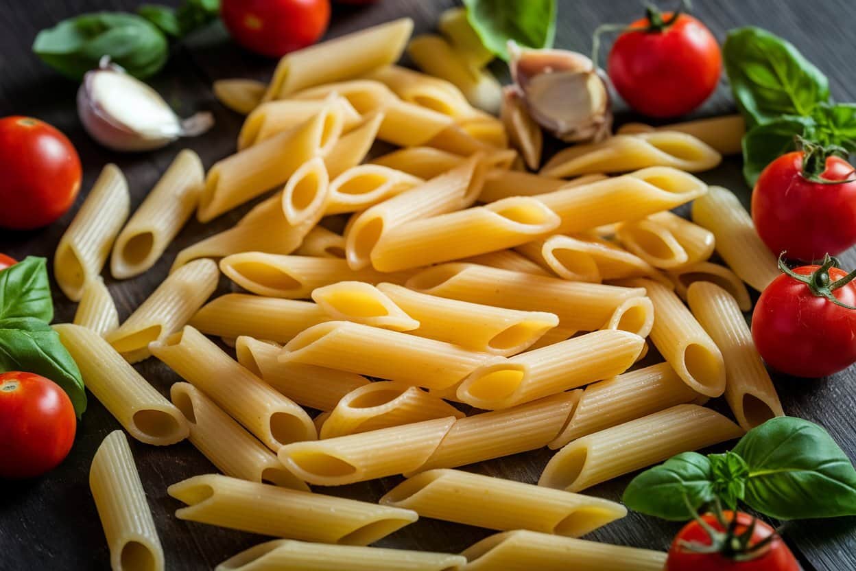 A close-up of uncooked penne pasta scattered on a dark surface, surrounded by fresh tomatoes, basil leaves, and garlic cloves.