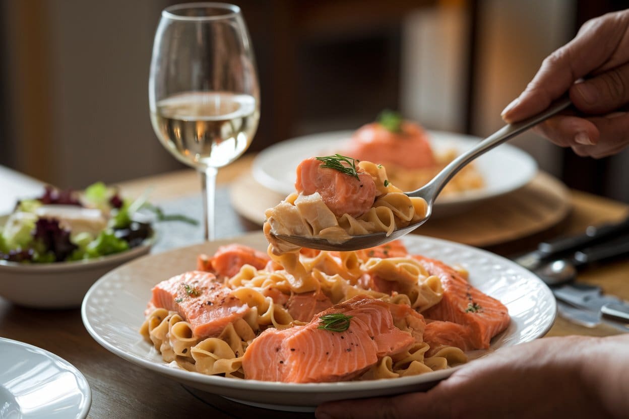 A plate of creamy fettuccine pasta topped with tender salmon fillets being served with a spoon. A glass of white wine and a side salad are visible in the background, adding to the elegant dining setup