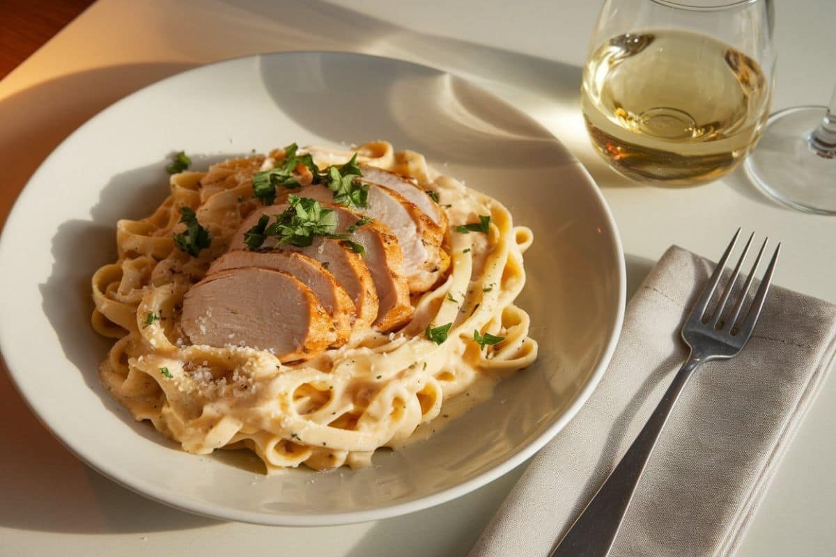 A plate of garlic Parmesan chicken pasta with creamy sauce and sliced seared chicken, garnished with fresh parsley, served alongside a glass of white wine and a neatly folded napkin with a fork.