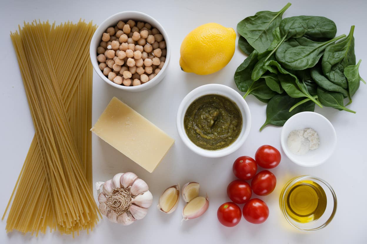 An assortment of ingredients for a Mediterranean-inspired pasta dish, including dry spaghetti, chickpeas, a lemon, fresh spinach, cherry tomatoes, garlic, olive oil, Parmesan cheese, pesto, and seasonings.