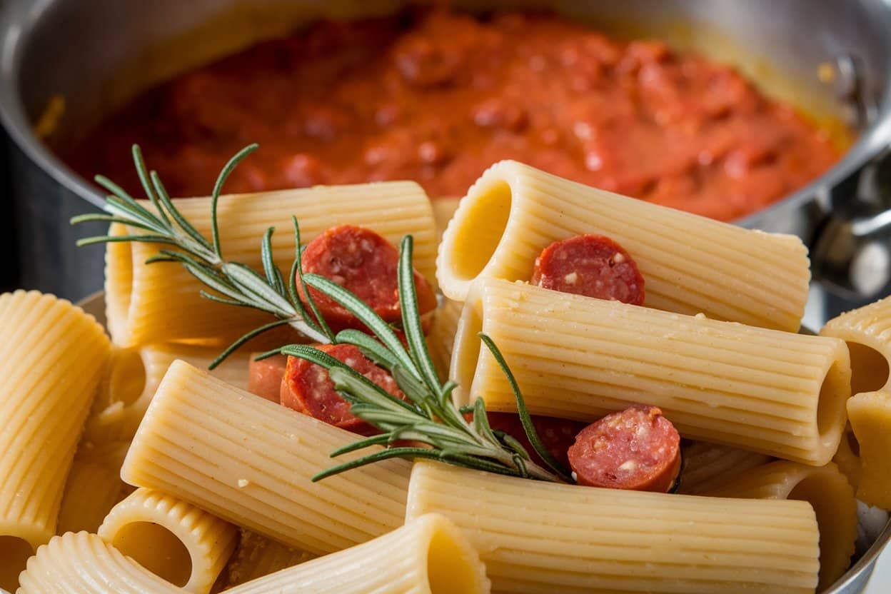 Close-up of rigatoni pasta topped with slices of sausage and garnished with a sprig of rosemary, with a tomato sauce simmering in the background.