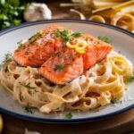 Salmon Pasta A plate of creamy fettuccine pasta topped with two fillets of grilled salmon, garnished with fresh herbs and lemon zest, served with slices of lemon on the side.