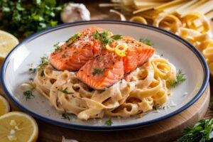 Salmon Pasta A plate of creamy fettuccine pasta topped with two fillets of grilled salmon, garnished with fresh herbs and lemon zest, served with slices of lemon on the side.