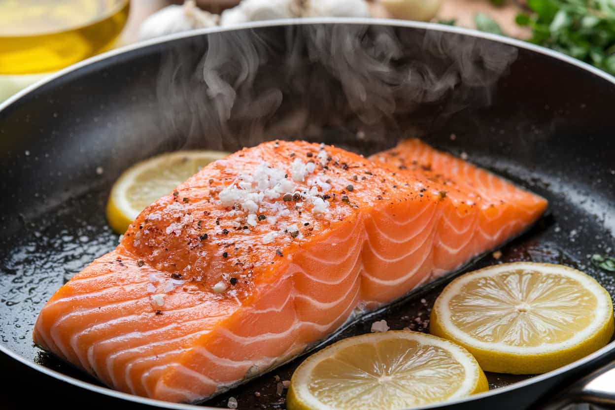 A raw salmon fillet, seasoned with salt and pepper, sits in a pan next to lemon slices, as steam rises, suggesting it's starting to cook.