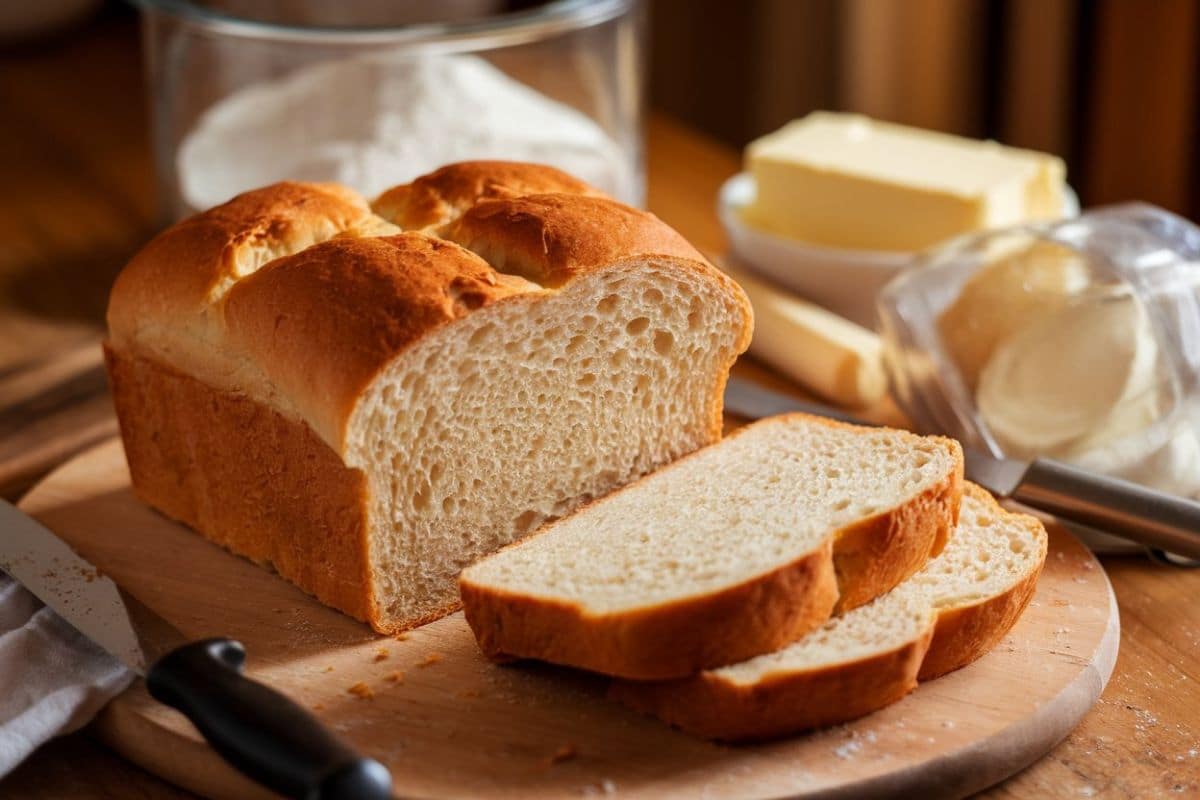 Sandwich Bread Recipe A Freshly Baked Loaf Of Homemade Sandwich Bread On A Wooden Cutting Board, With A Few Slices Cut. The Bread Has A Golden-Brown Crust And Soft, Fluffy Interior. Surrounding The Bread Are Ingredients Like Butter And Flour, Creating A Cozy Kitchen Setting.