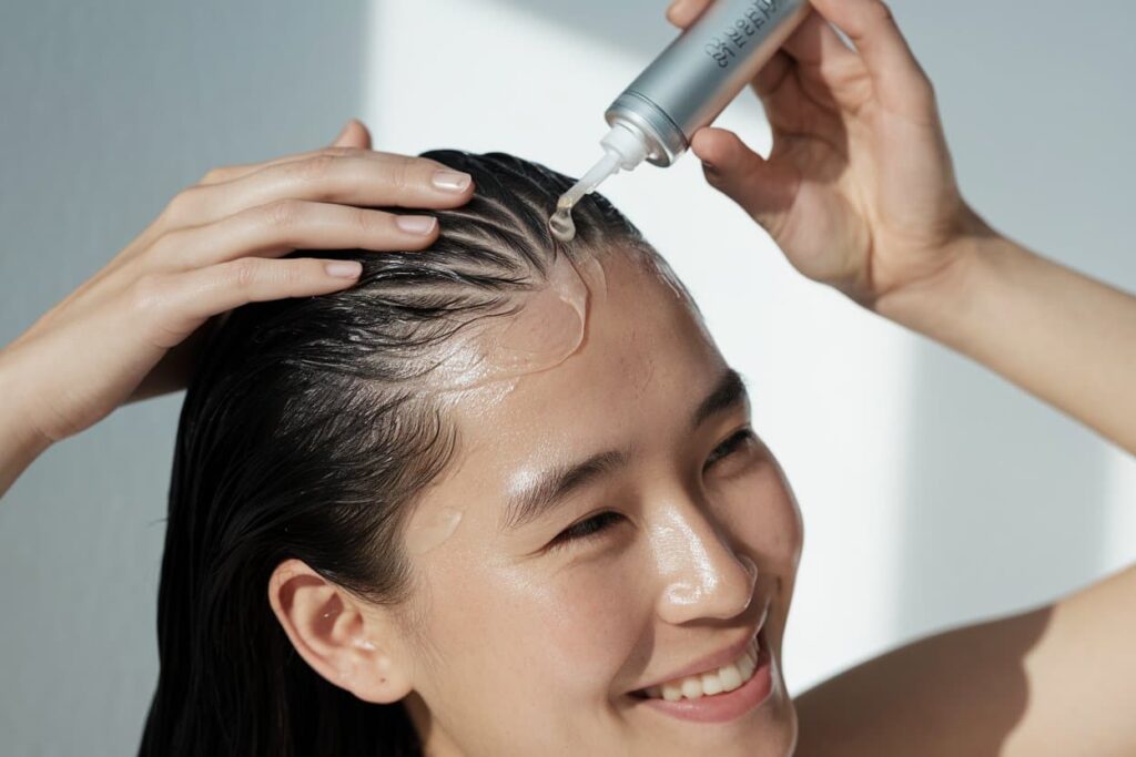 Scalp Detox A smiling person applies serum or oil to their scalp with a dropper, massaging it into wet hair.