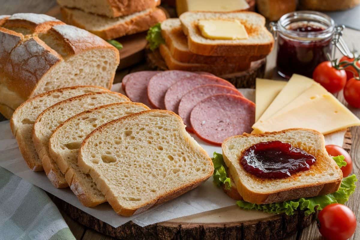 A Selection Of Freshly Sliced Bread With Jam, Butter, Cheese, And Deli Meats, Presented With Tomatoes And Lettuce.