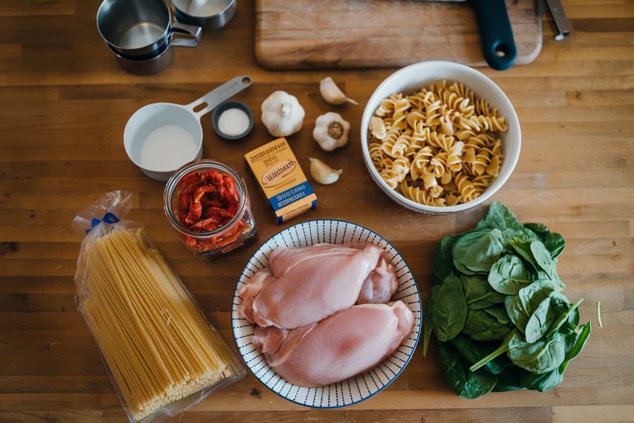 A top-down view of ingredients for a Tuscan Chicken Pasta recipe, including raw chicken breasts, fresh spinach, rotini pasta, spaghetti, sun-dried tomatoes, garlic cloves, butter, salt, and measuring utensils on a wooden surface.