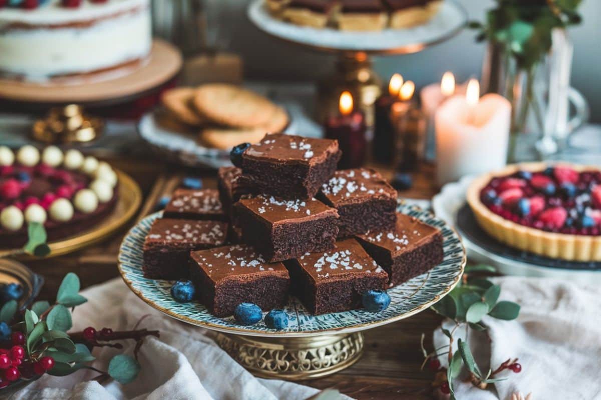 A Stack Of Rich, Chocolate Brownies Garnished With Sea Salt Sits Elegantly On A Decorative Plate, Surrounded By Blueberries. In The Background, A Variety Of Baked Desserts, Such As Cookies, Tarts, And Cakes, Are Set On A Cozy, Candlelit Table Adorned With Berries And Greenery.