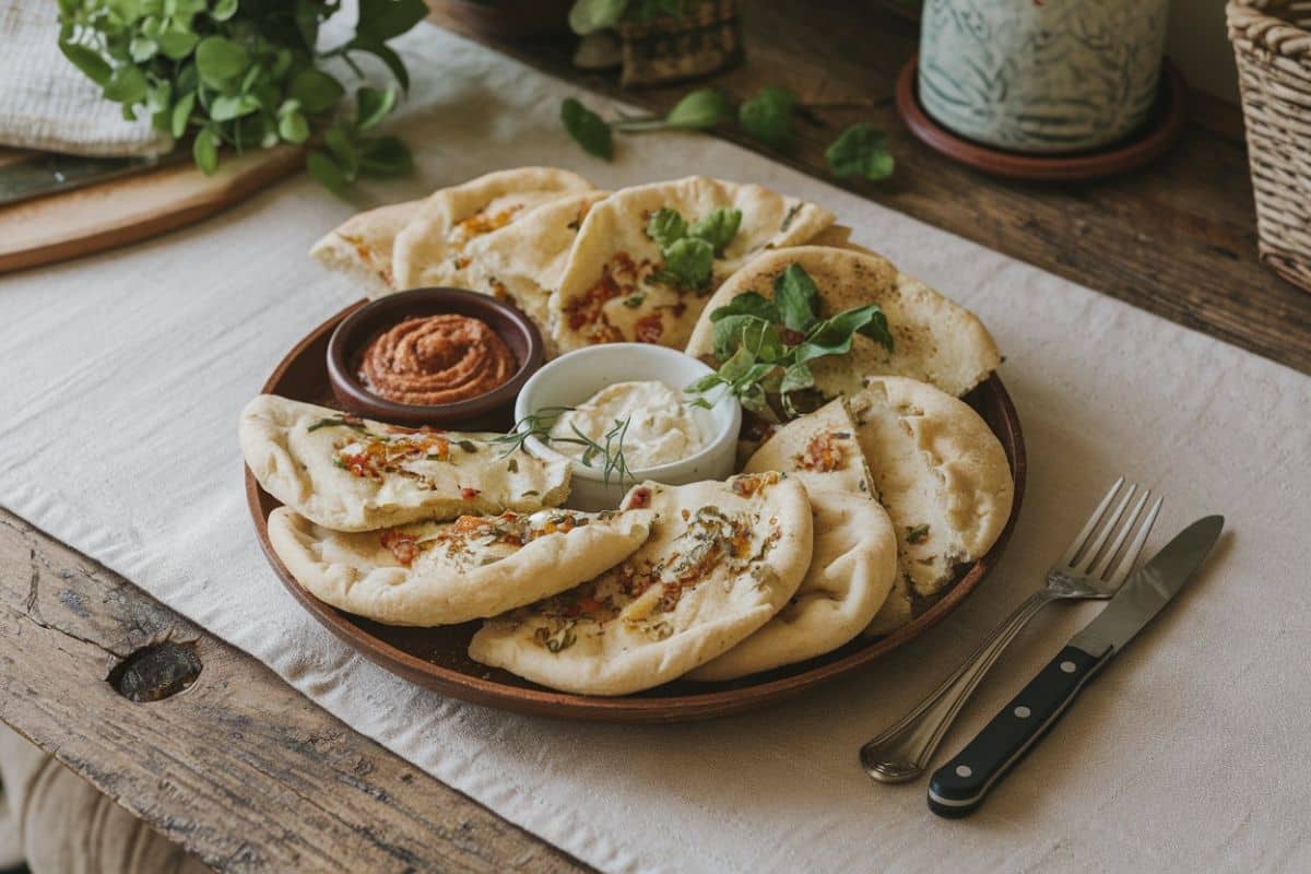 A Plate Of Sourdough Flatbreads Served With Two Dipping Sauces, One Red And One White. The Flatbreads Are Garnished With Fresh Herbs And Seasoning, With A Rustic Table Setting In The Background.