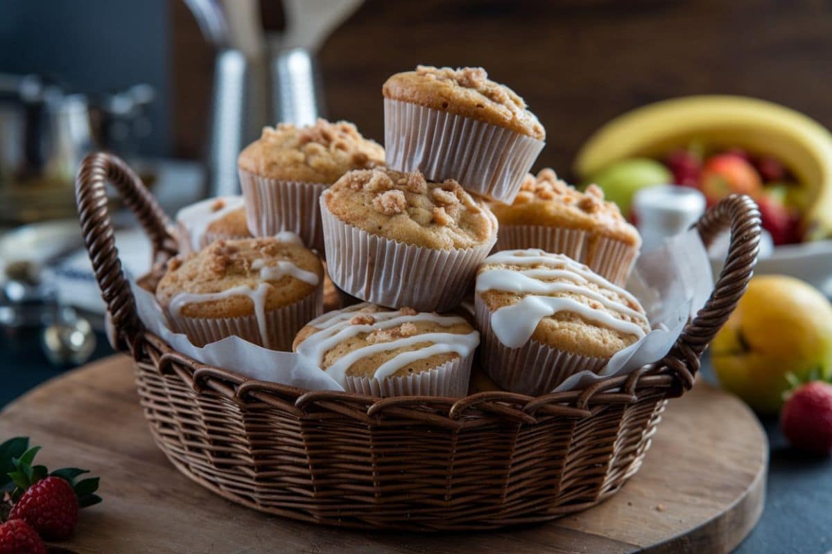 A Wicker Basket Filled With Freshly Baked Muffins, Some Topped With A Streusel Crumble And Others Drizzled With White Icing. The Basket Sits On A Wooden Board, With A Background Featuring Fresh Fruits Such As Bananas, Apples, And Strawberries.